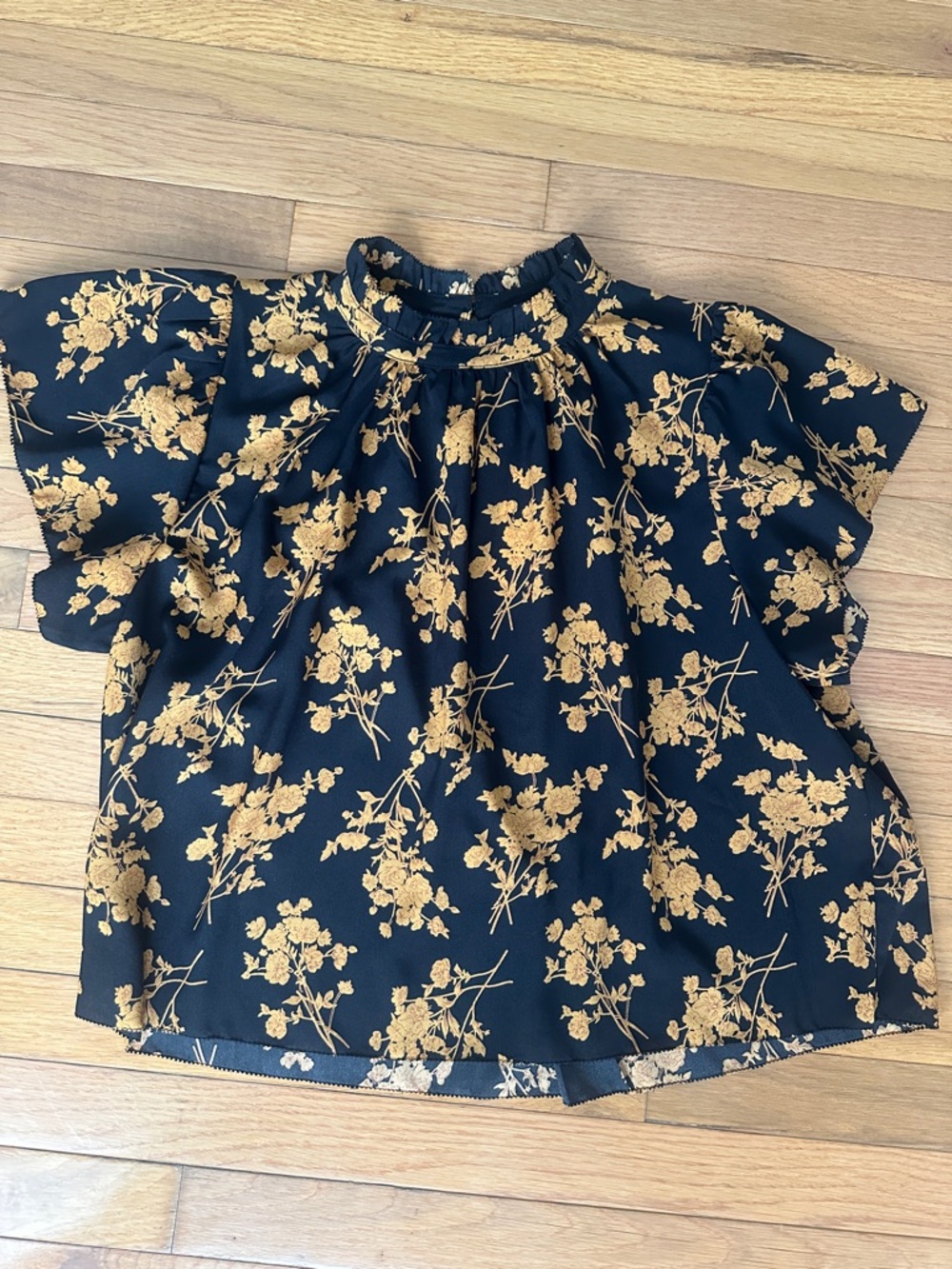 THML Black Blouse with Mustard Floral Ruffle Neck Tie